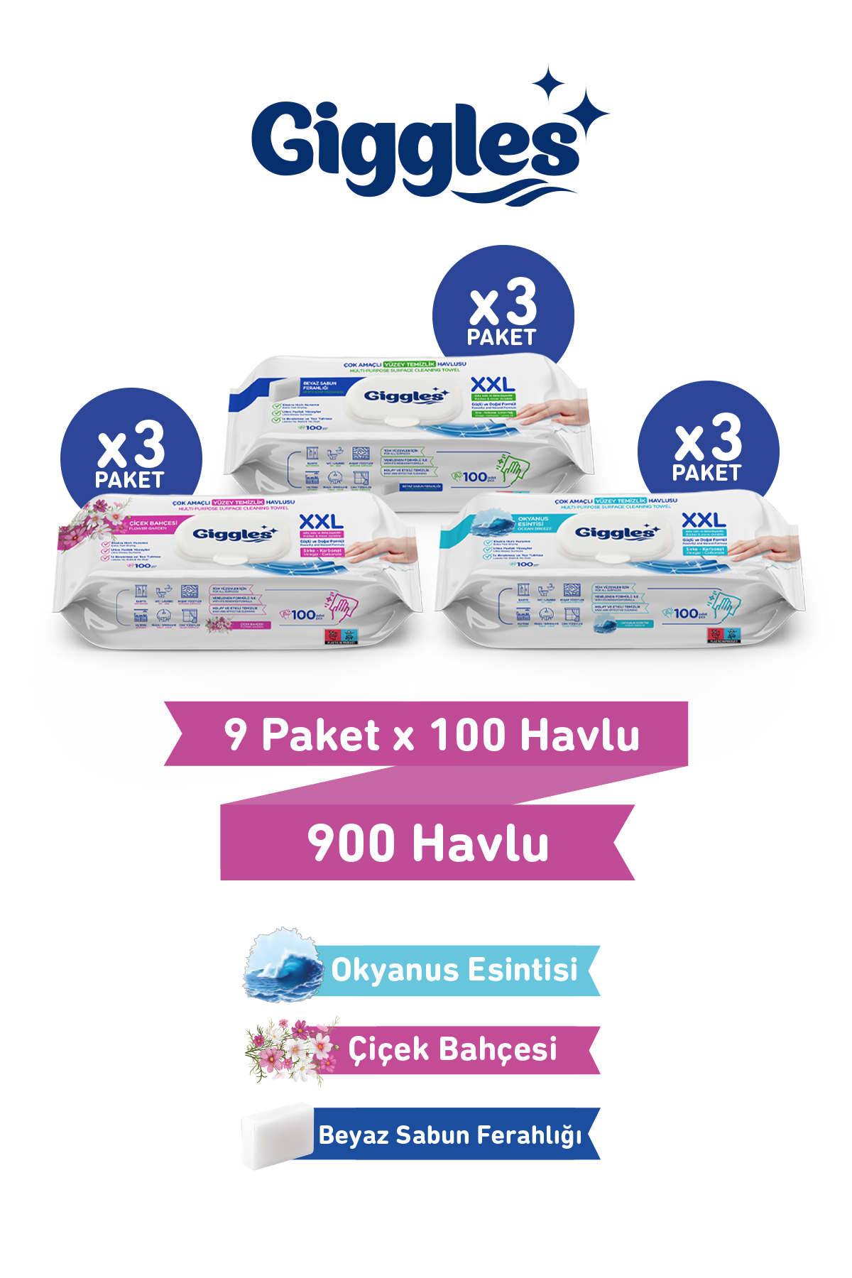 Giggles XXL İz Bırakmayan Yüzey Temizlik Havlusu -  (Beyaz Sabun-Çiçek Bahçesi-Okyanus Esintisi)  900 Havlu